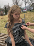 Scon Stripe Plain One-Shoulder Ribbon Short Sleeve T-Shirt