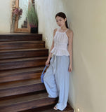 Frill Stripe Vacation Look Summer Wide Banding Pants