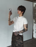 Rib shawl patch henley neck short sleeve t-shirt
