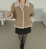Suede Teddy Bear Button Collar Sleeve Fur Short Mustang