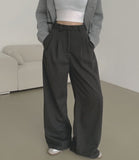 Wool Pin Tuck Button Adjust Wide Slacks