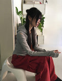 Mund shoulder sleeve slit cutout warmer ribbed hood zip-up