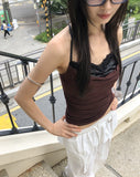 [with pad/adjustable straps] Cheeky back banding layered lace color matching shirring sleeveless