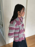 [Muffler Set] Jes Fur Stripe Color Matching Collar Knit Long Sleeve Cardigan