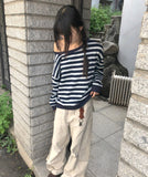 Hanky Stripe One Off Shoulder Overfit Long Sleeve Sweatshirt