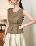 Okan Round Neck Pintuck Sleeveless Blouse (Belt Set)