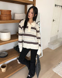 Cuff Stripe Color Matching Collar Loose Fit Long Sleeve Knit