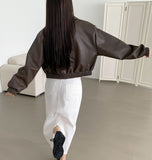 Autumn Pocket Zipper Loose Fit Leather Two-Way Crop Jacket