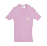 Flower Dot Embroidery Short Sleeve Knit Collar Tee