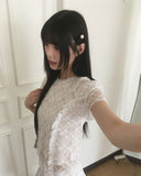 Puffy lace see-through frill t-shirt