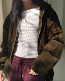 Lasso striped string layered outer brushed color matching off-shoulder T-shirt