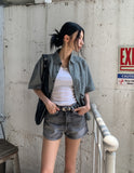 Country pin check semi-crop short sleeve shirt