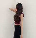 Waffle V-neck Hood Sleeveless Knit T-shirt