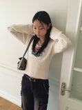Claim Deep U-Neck Flower Slim Long Sleeve Knit