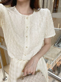 Ser Embossed Round Pearl Puff Blouse