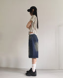 Dimon incision washing half-length denim Bermuda pants