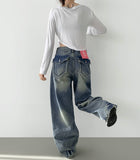 Back Point Pocket Washing Wide Fit Denim Pants