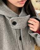 Bhin Big Pocket High Neck Adjust Wool Hood Half Coat