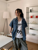 Ruff unbalanced pocket denim short sleeve shirt