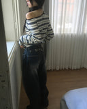 Giron Stripe One Off Shoulder Unbalance T-Shirt