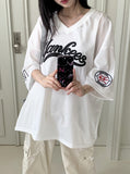 Yankees Boxy Mesh Lettering Wappen Uniform V-Neck Short Sleeve T-Shirt