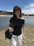 Nob Shirring Off-shoulder Ribbon Short Sleeve T-shirt