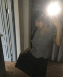 Pique Check V-Neck Shirring Puff Short Sleeve Blouse