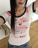 Fleet Off-Shoulder Lettering Print Ringer Color Matching Short Sleeve T-Shirt