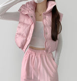 Glossy High Neck Trendy Pom Pom Crop Vest Padding