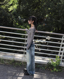 Vision Belt Buckle Shirring Ribbed Off-Shoulder T-Shirt