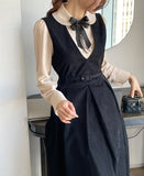 Collard V-neck Pintuck Pleats Long One Piece (belt set)