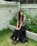 Achu Dot Shirring Tiered Lace Frill Long Skirt