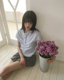 Polat Dot Pintuck Collar Short Sleeve T-Shirt