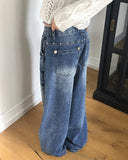 Boa Stud Eyelet Pocket Wide Fit Washed Denim Long Pants