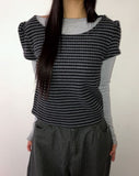 Yumo Puff Brushed Stripe Short Sleeve Knit