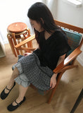 [BAONHAUS] Yanbi Check Lace Banding Midi Skirt