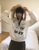 [Brushed Lining] Biffon Lettering Loose Fit Fur Hood Zip-Up
