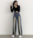 Light brushed front and back washed fall winter long wide denim pants