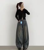 Side Tape Cut Line Brushed Balloon Wide Denim Pants