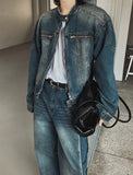 Ocean Washed Stitch Biker Denim Jacket
