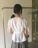 Etched puff ribbon pin tuck blouse