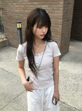 Shudi Stripe Lace Square Neck Short Sleeve T-Shirt