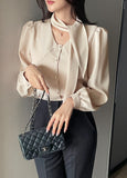 Evette Pearl Tie Puff Blouse