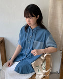 Rinta Stripe Color Matching Denim Hood Short Sleeve Shirt