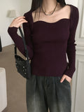 RB Bolero Slit Ribbed Wave Square Heart Neck Long Sleeve Knit
