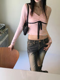 Luer Balletcore Ribbon Color Matching Heart Neck Long Sleeved T-Shirt