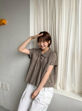 Geljik Check Frill Round Short Sleeve Blouse