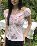 Rosen Flower Print Shirring Short Sleeve T-Shirt
