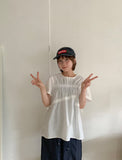 Cube Ribbon Cut Shirring Short Sleeve Blouse