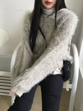 Soco Knitwear Color Matching Angora Fur Button Hood Cardigan